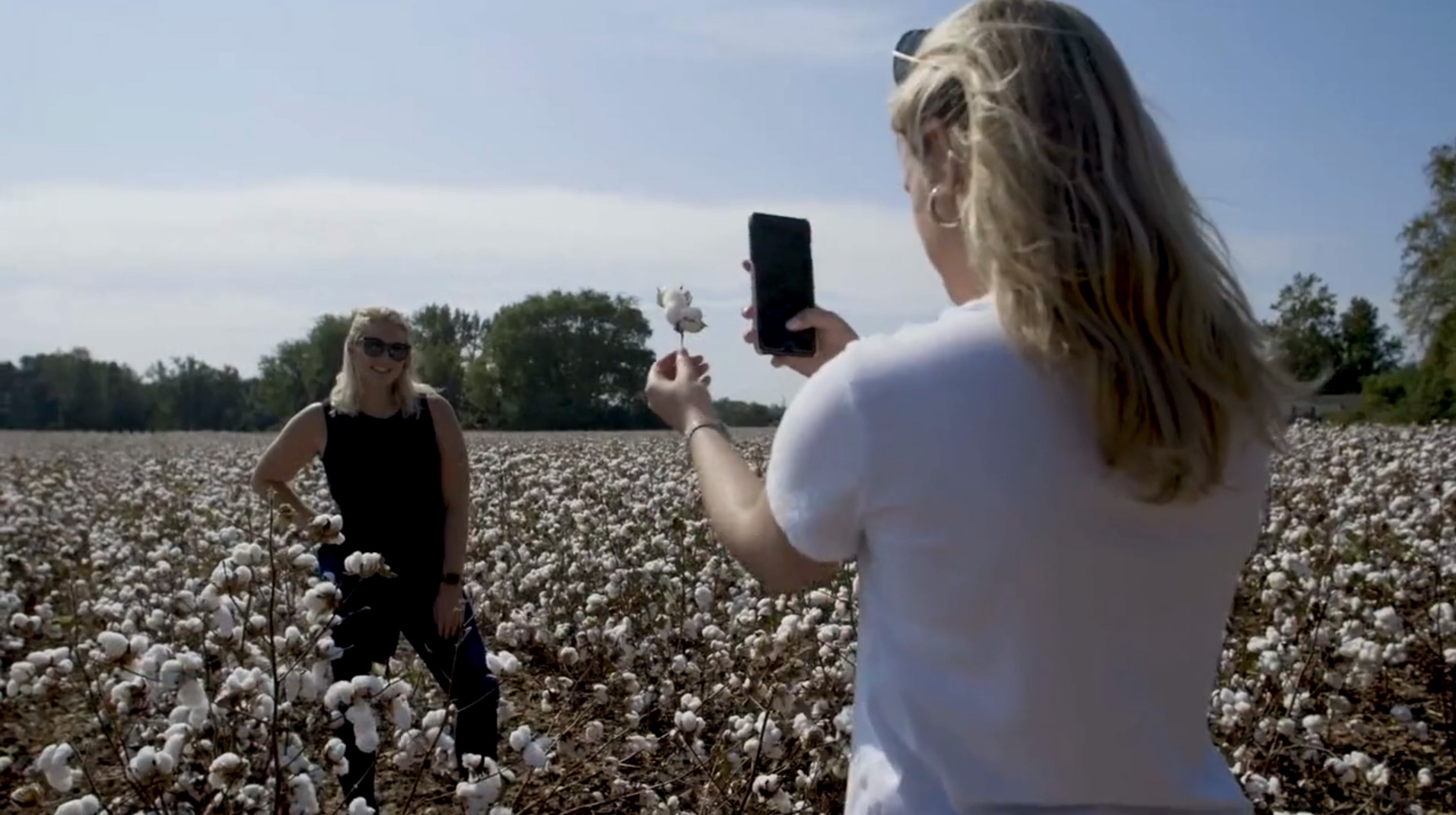 Woman taking a photo of cotton with another woman in the background